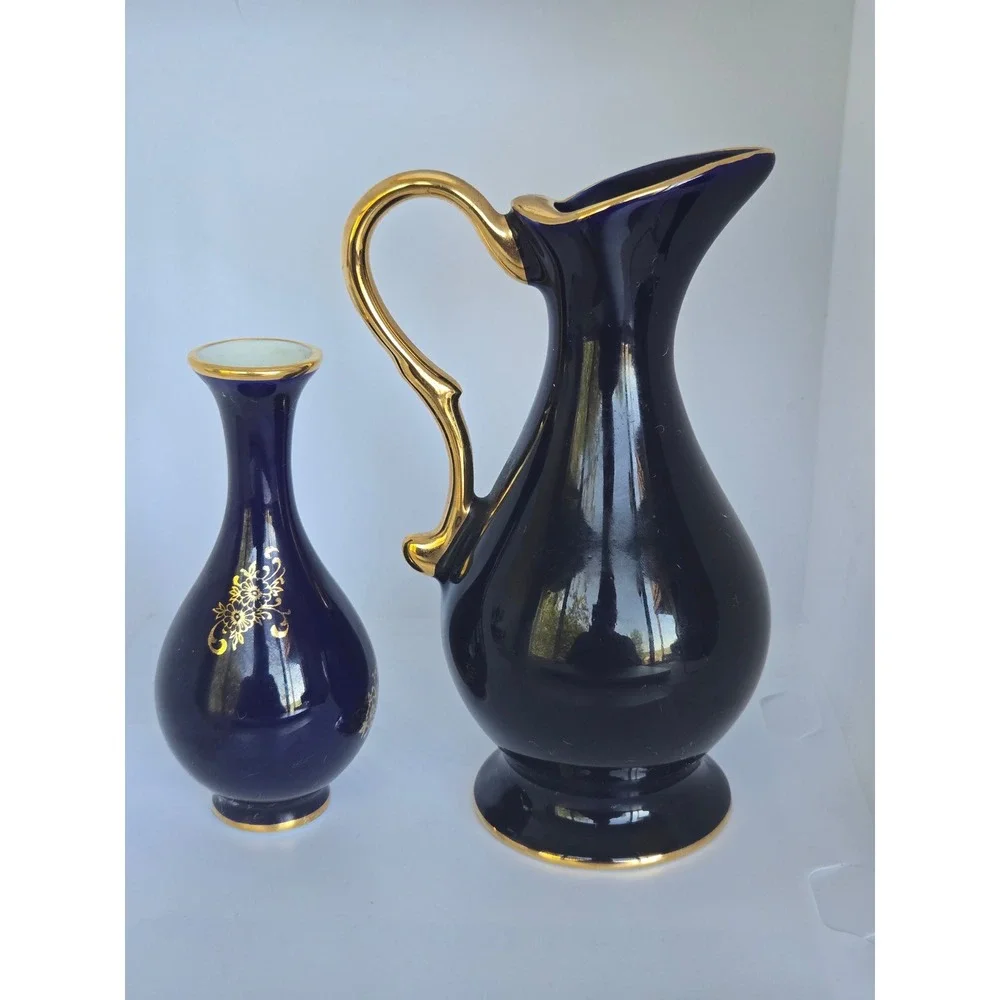 Limoges Cobalt Urn & Vase – Fragonard Scene, Gold‎ Trim, Made in France